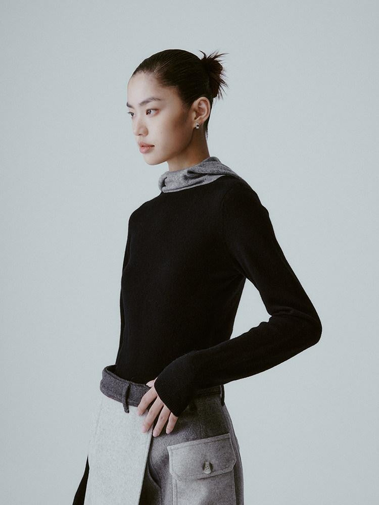 FUSSED Black Gray Seamless 18 Gauge Hooded Knit Women&