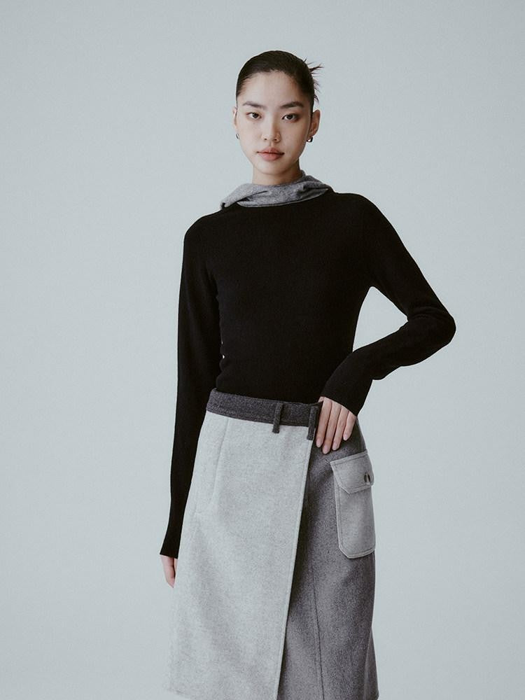 FUSSED Black Gray Seamless 18 Gauge Hooded Knit Women&