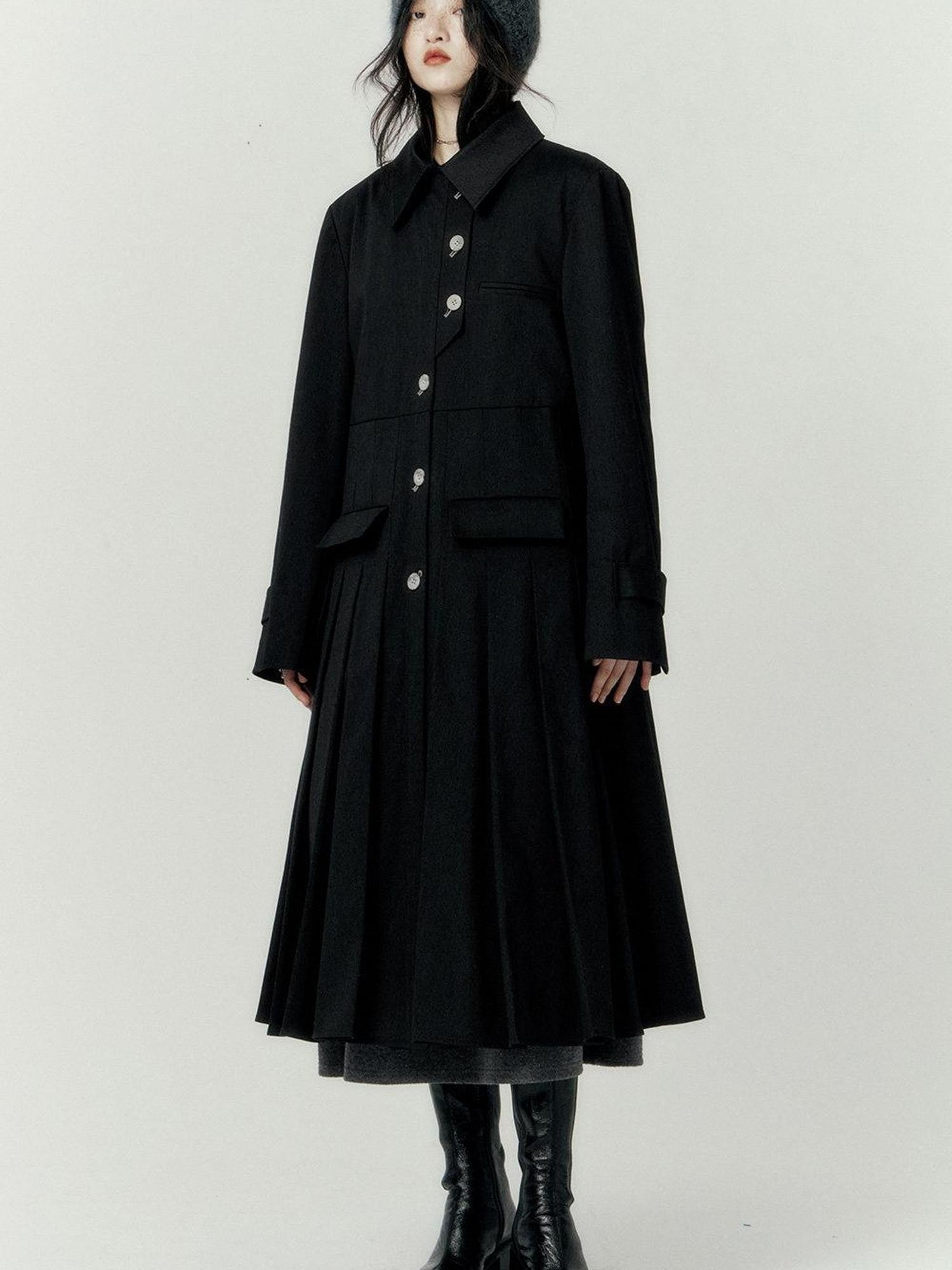 FUSSED Black Pleated Structured Quilted Trench Slim Fit Women&