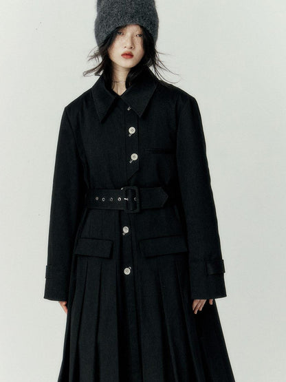 FUSSED Black Pleated Structured Quilted Trench Slim Fit Women&