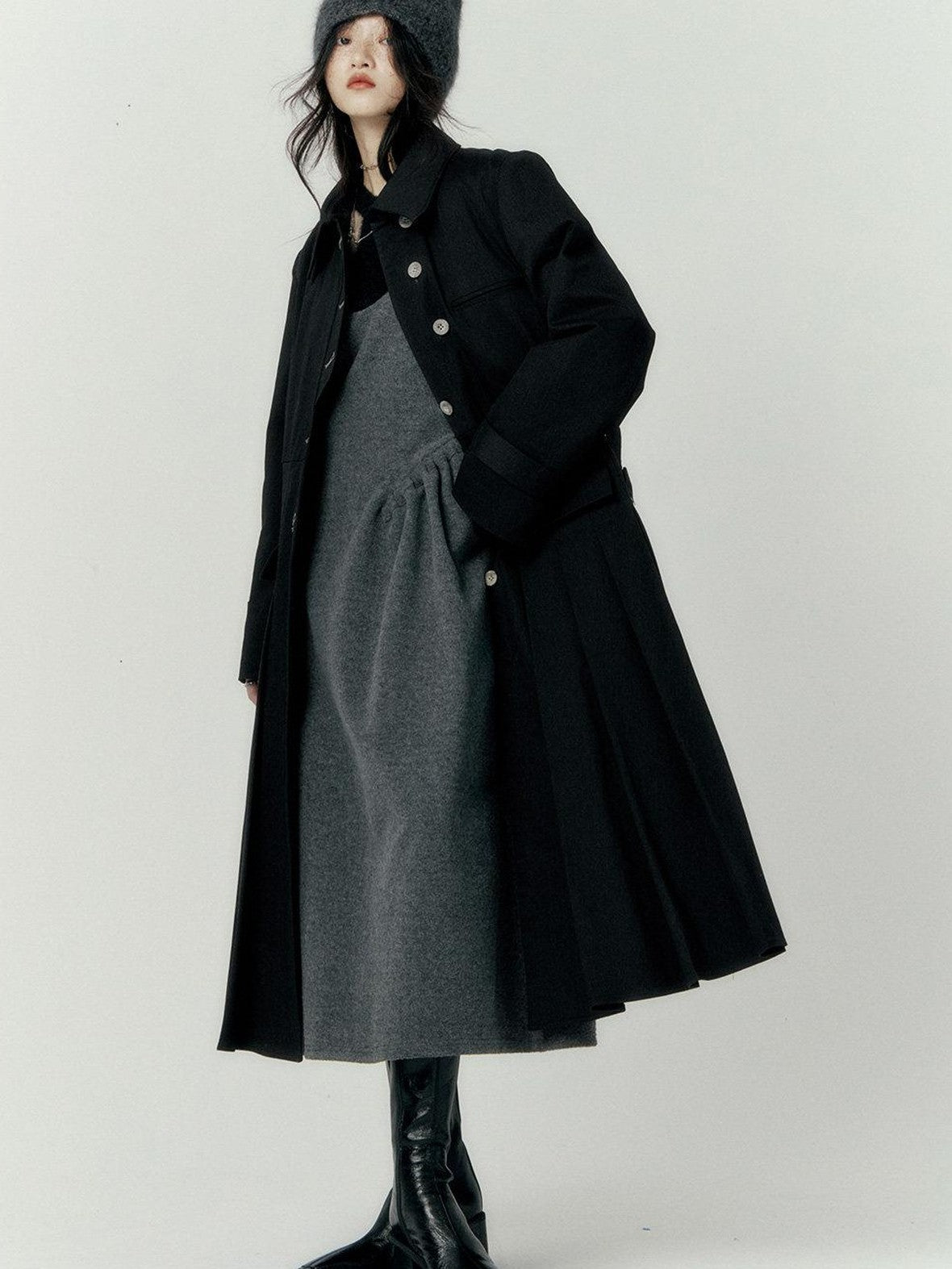 FUSSED Black Pleated Structured Quilted Trench Slim Fit Women&