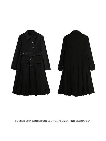 FUSSED Black Pleated Structured Quilted Trench Slim Fit Women&