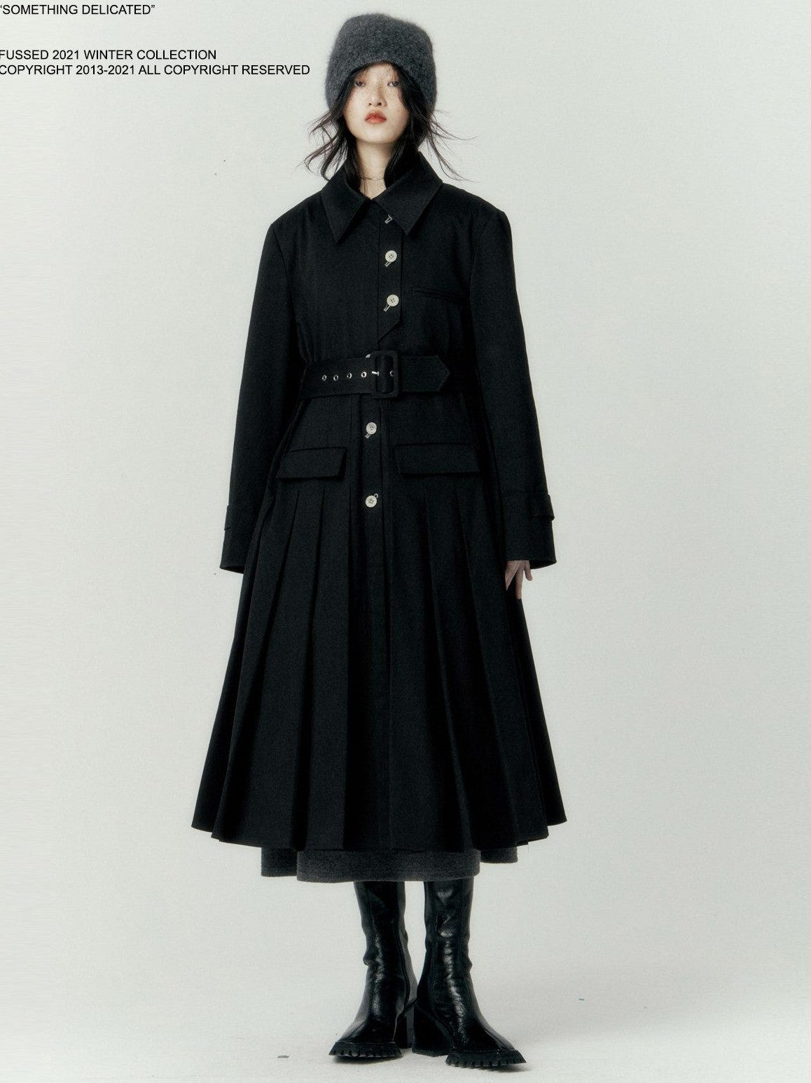 FUSSED Black Pleated Structured Quilted Trench Slim Fit Women&