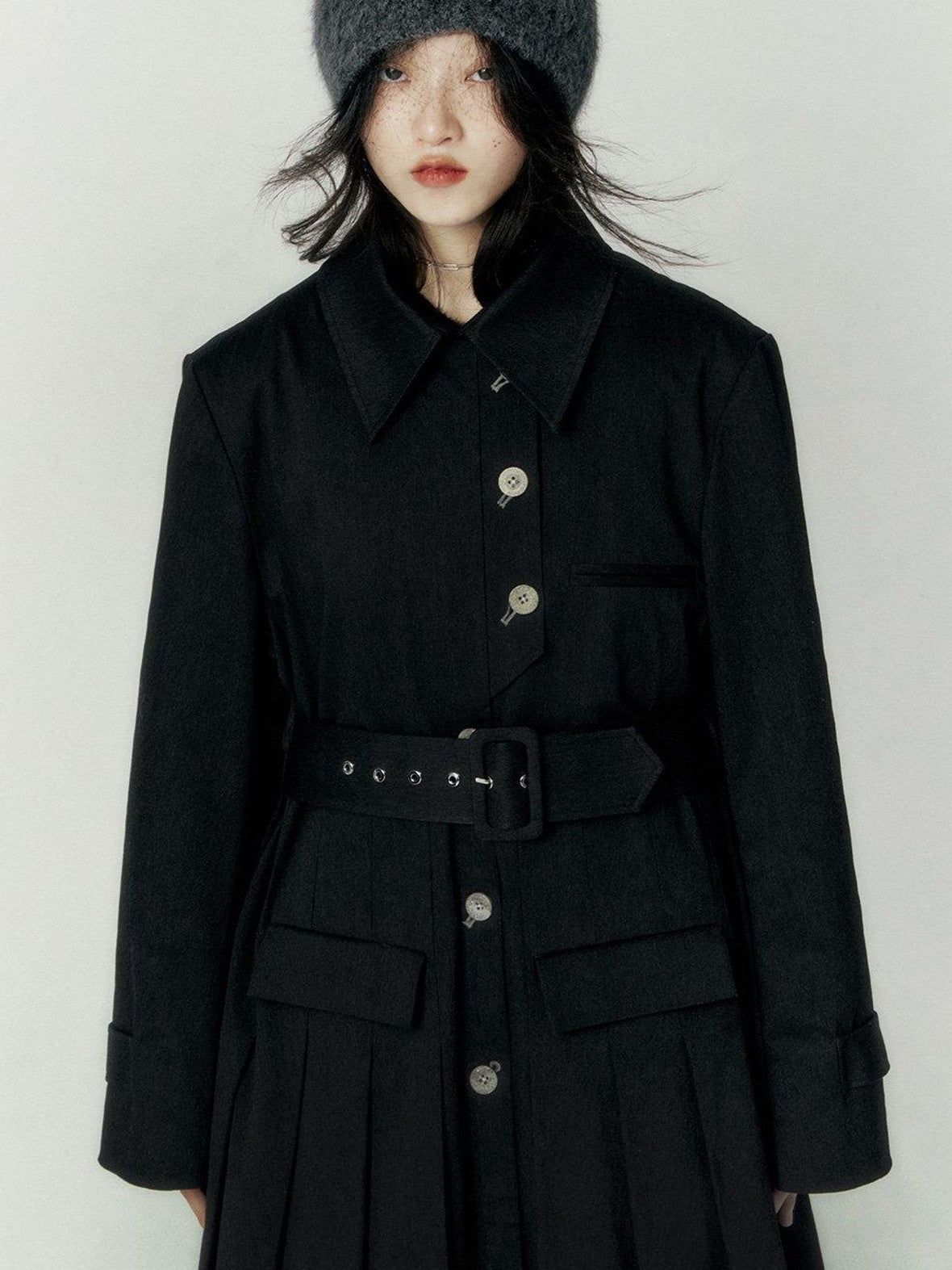 FUSSED Black Pleated Structured Quilted Trench Slim Fit Women&