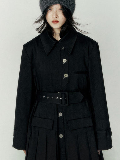 FUSSED Black Pleated Structured Quilted Trench Slim Fit Women&