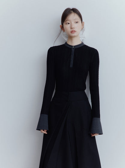 FUSSED Black Rope Cable Knit Shirt Collar Slimming Women&