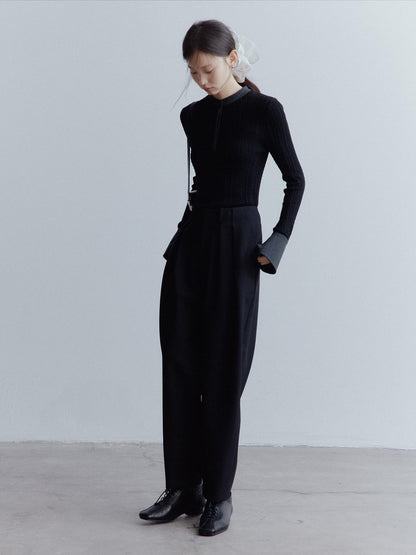 FUSSED Black Rope Cable Knit Shirt Collar Slimming Women&