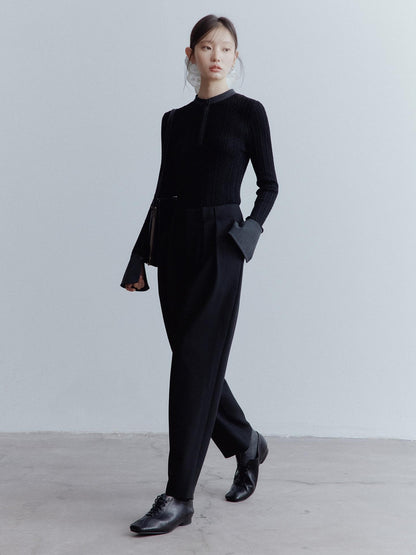 FUSSED Black Rope Cable Knit Shirt Collar Slimming Women&