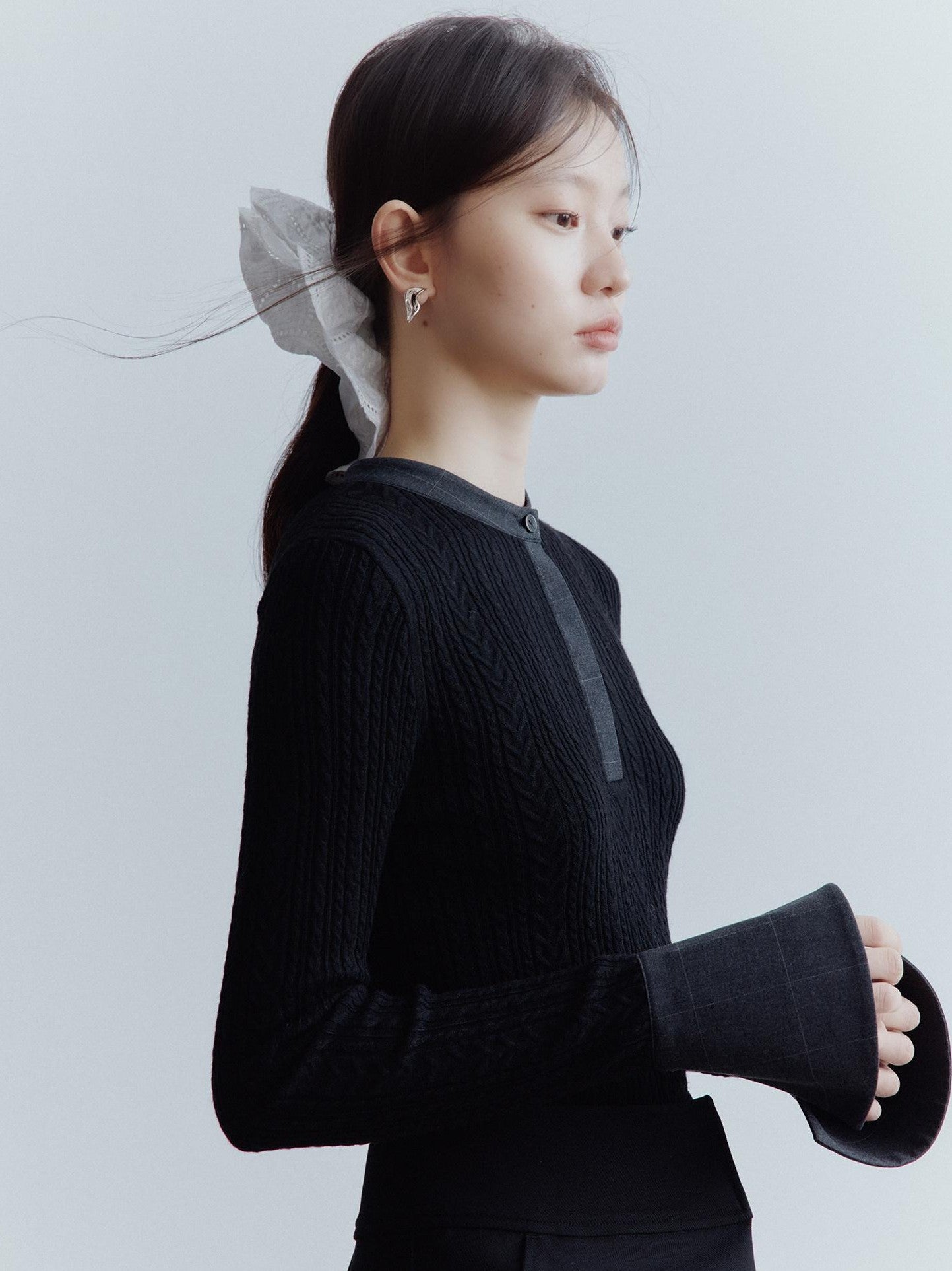 FUSSED Black Rope Cable Knit Shirt Collar Slimming Women&