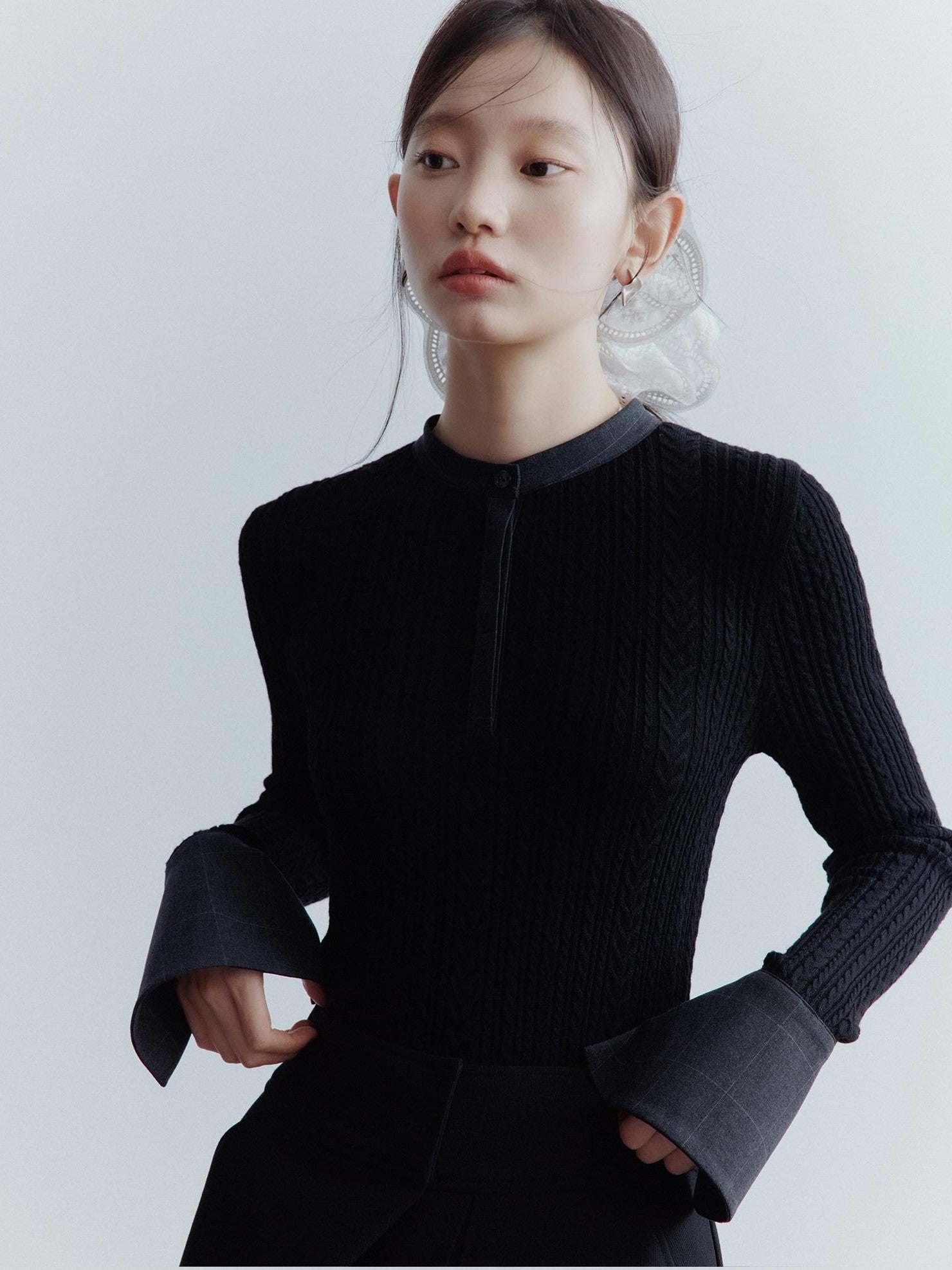 FUSSED Black Rope Cable Knit Shirt Collar Slimming Women&