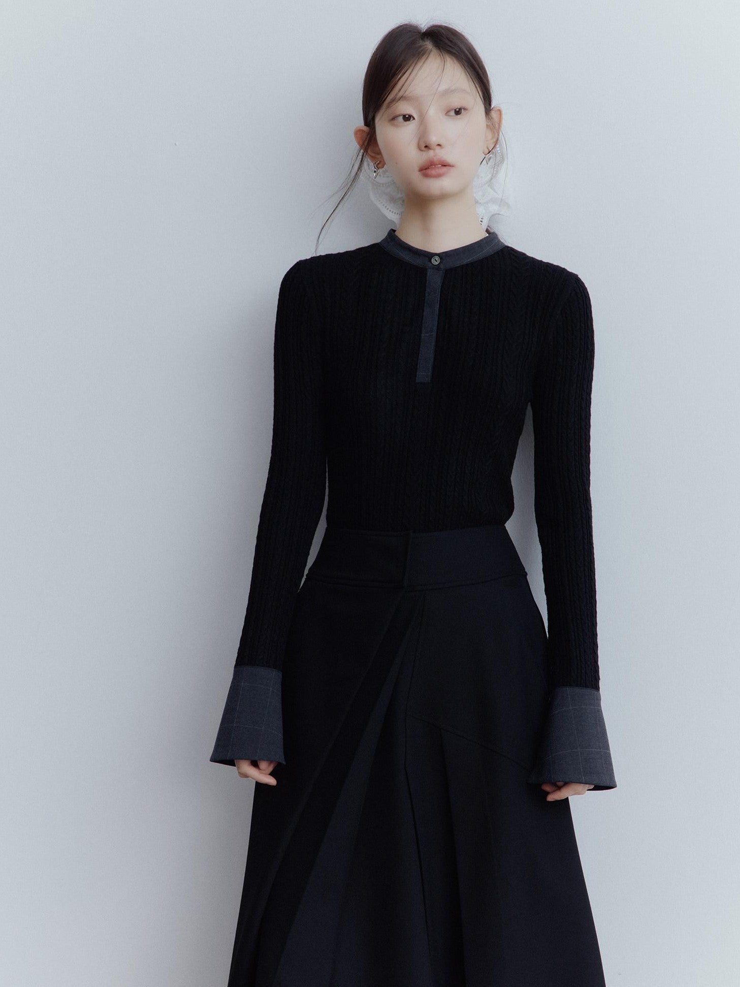 FUSSED Black Rope Cable Knit Shirt Collar Slimming Women&