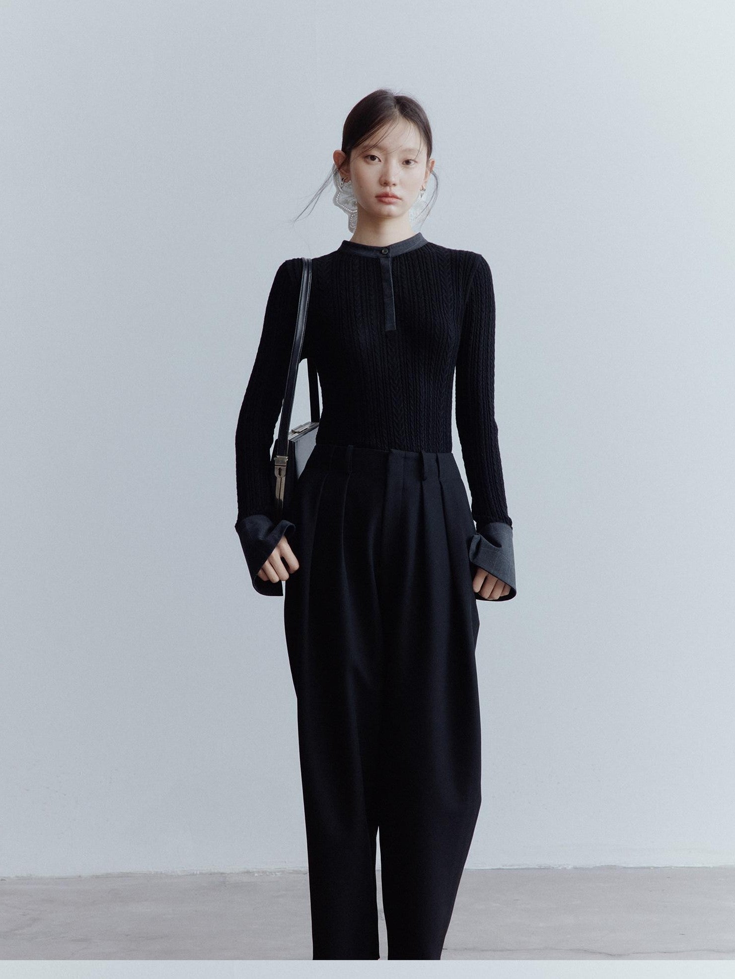 FUSSED Black Rope Cable Knit Shirt Collar Slimming Women&