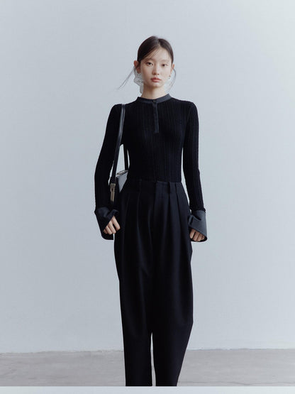FUSSED Black Rope Cable Knit Shirt Collar Slimming Women&