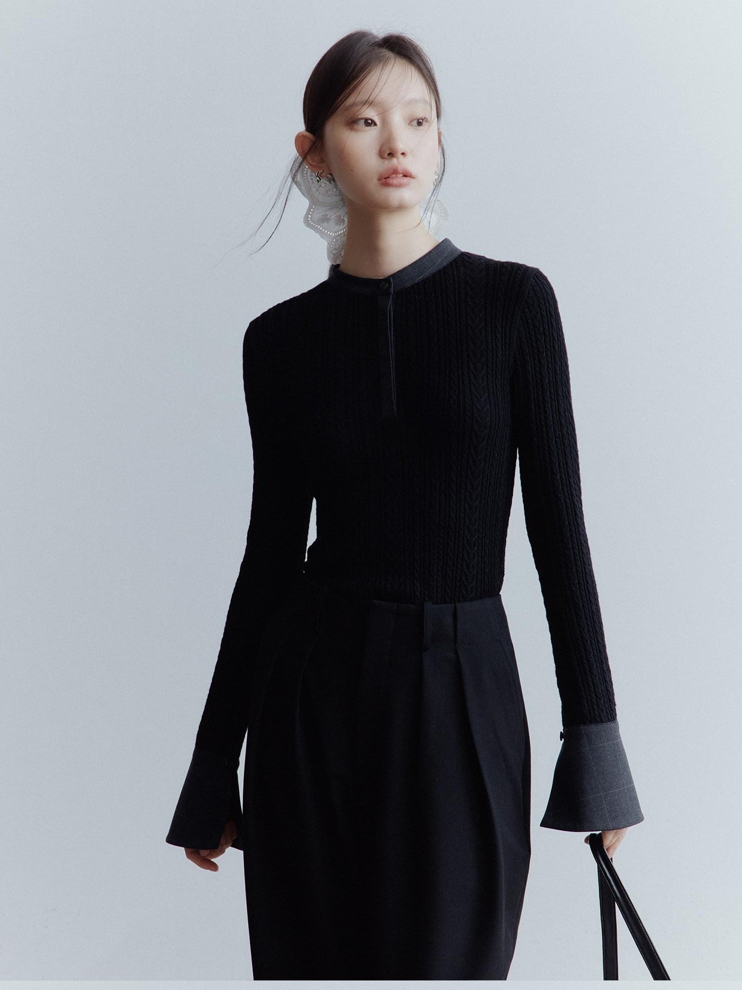 FUSSED Black Rope Cable Knit Shirt Collar Slimming Women&