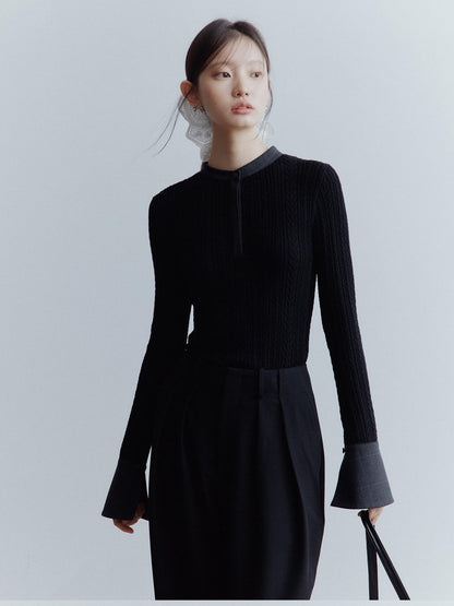 FUSSED Black Rope Cable Knit Shirt Collar Slimming Women&