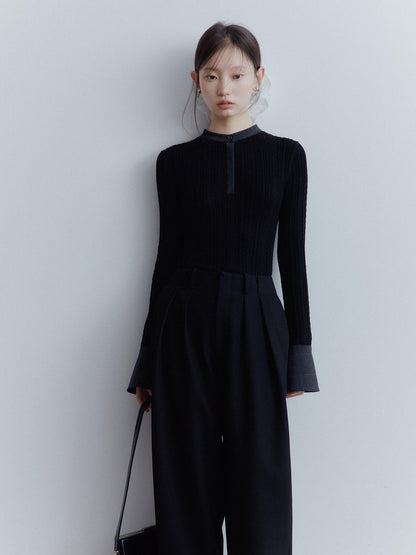 FUSSED Black Rope Cable Knit Shirt Collar Slimming Women&