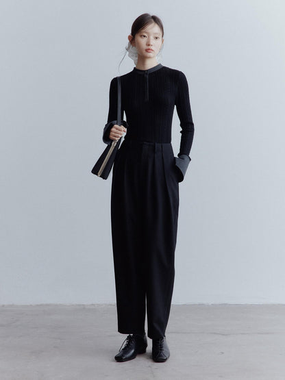 FUSSED Black Rope Cable Knit Shirt Collar Slimming Women&