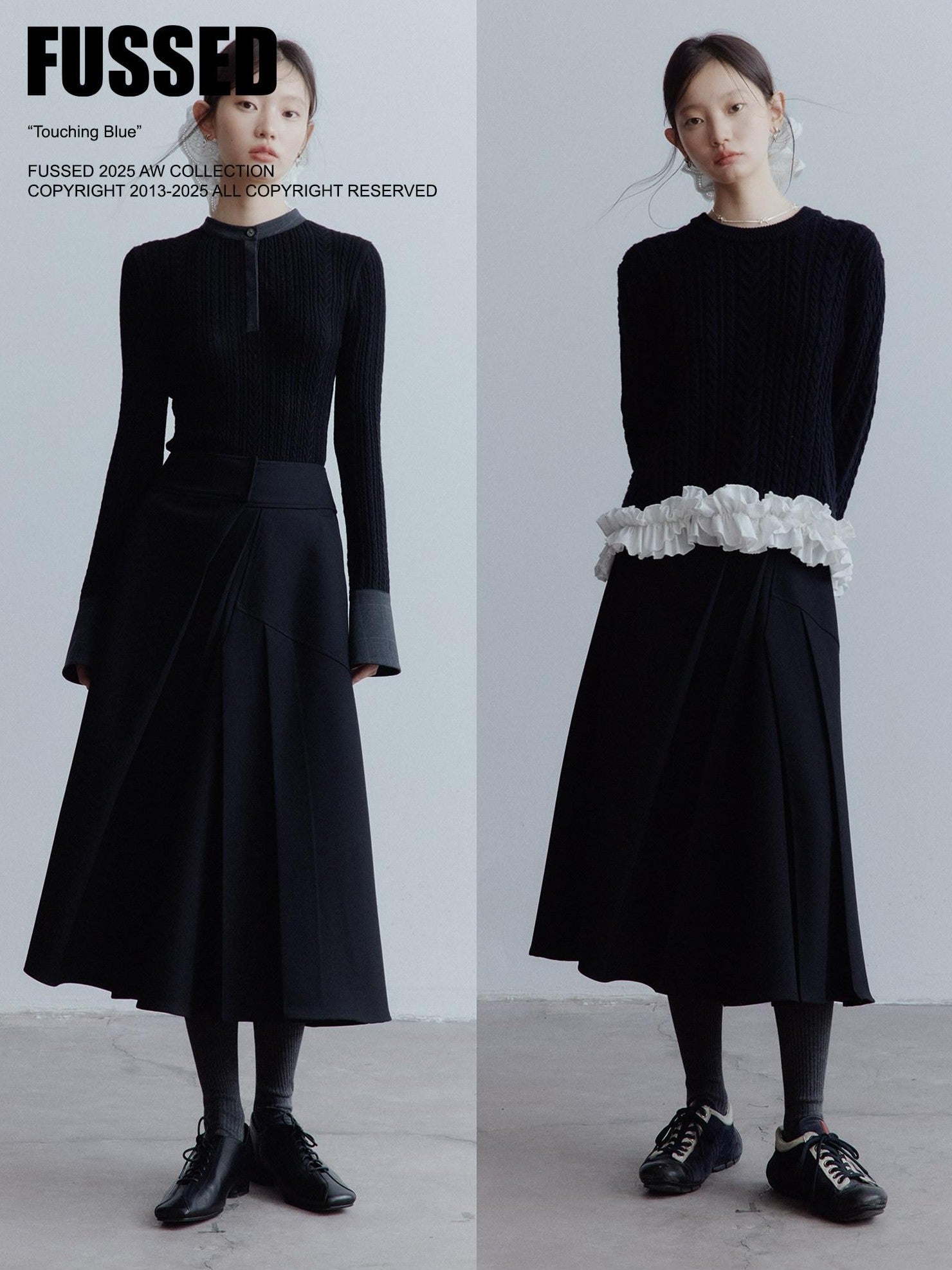 FUSSED Black Rope Cable Knit Shirt Collar Slimming Women&