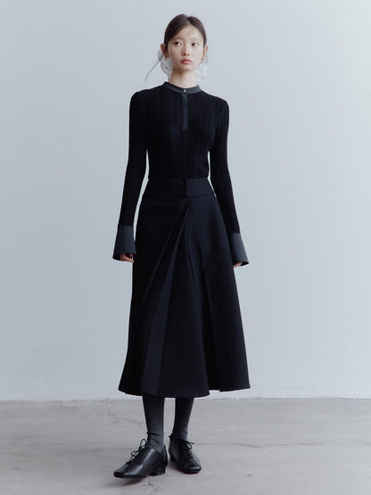 FUSSED Black Rope Cable Knit Shirt Collar Slimming Women&