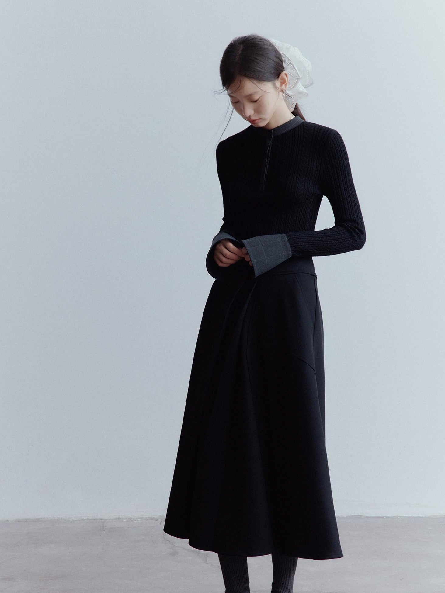 FUSSED Black Rope Cable Knit Shirt Collar Slimming Women&