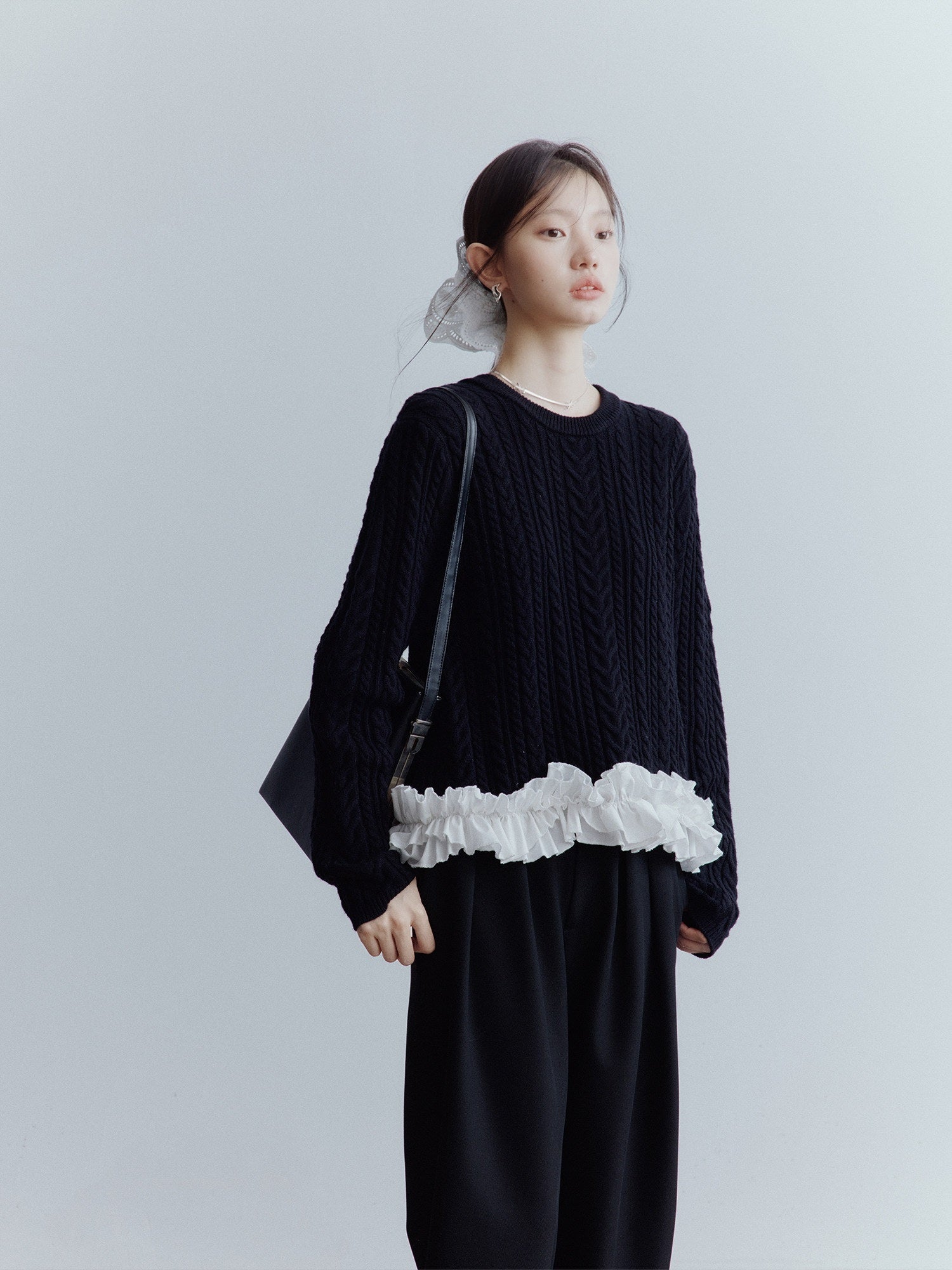 FUSSED Black White 3d Floral Lace Rope Cable Ruffle Women&