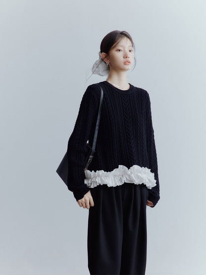FUSSED Black White 3d Floral Lace Rope Cable Ruffle Women&