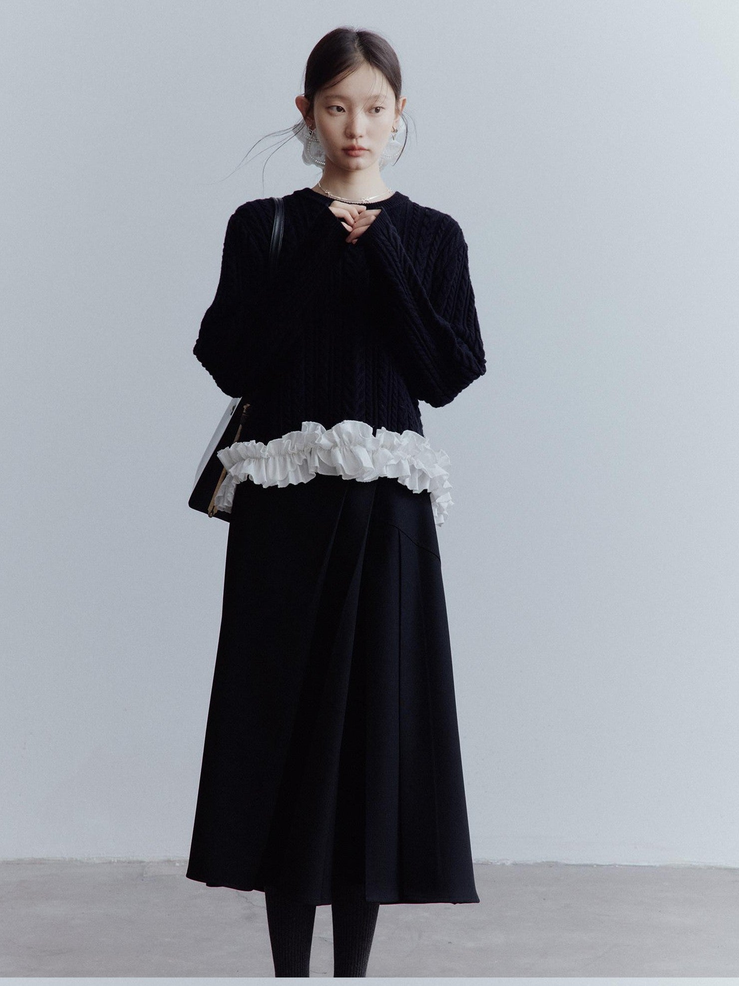 FUSSED Black White 3d Floral Lace Rope Cable Ruffle Women&