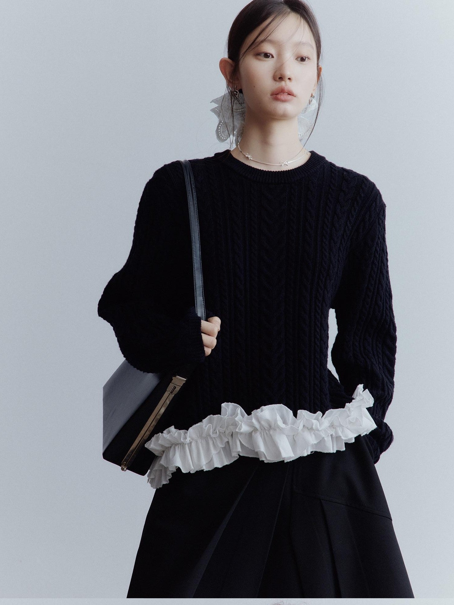 FUSSED Black White 3d Floral Lace Rope Cable Ruffle Women&