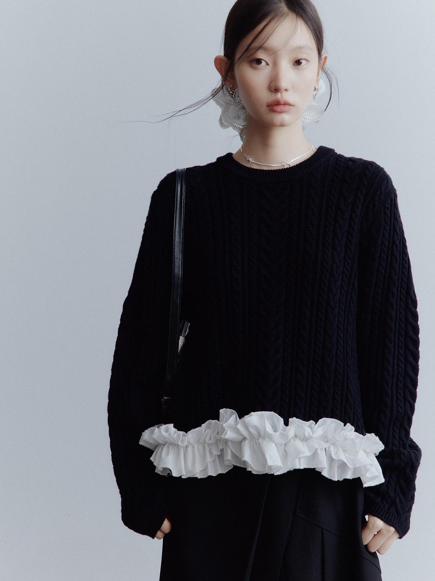 FUSSED Black White 3d Floral Lace Rope Cable Ruffle Women&