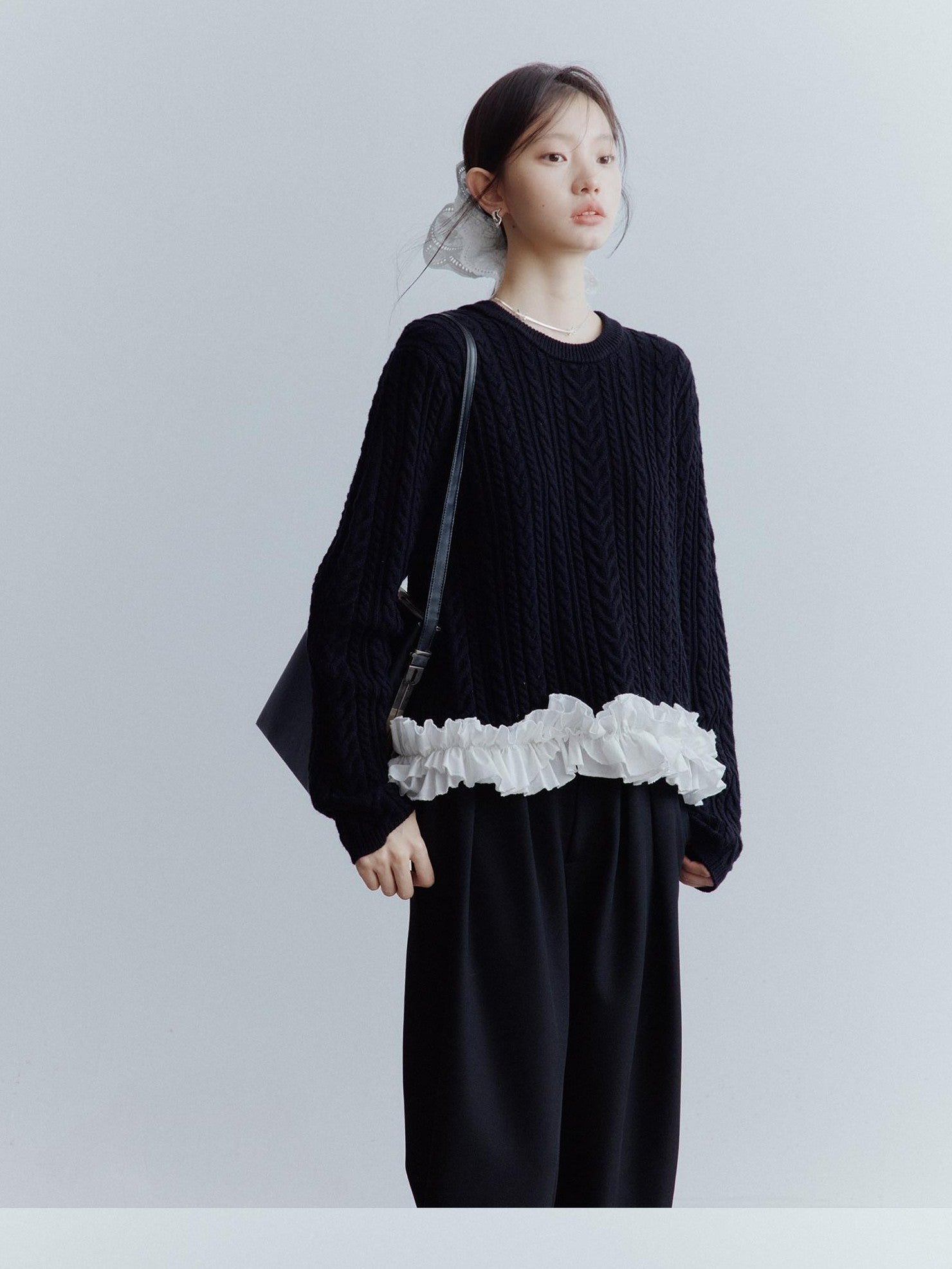 FUSSED Black White 3d Floral Lace Rope Cable Ruffle Women&