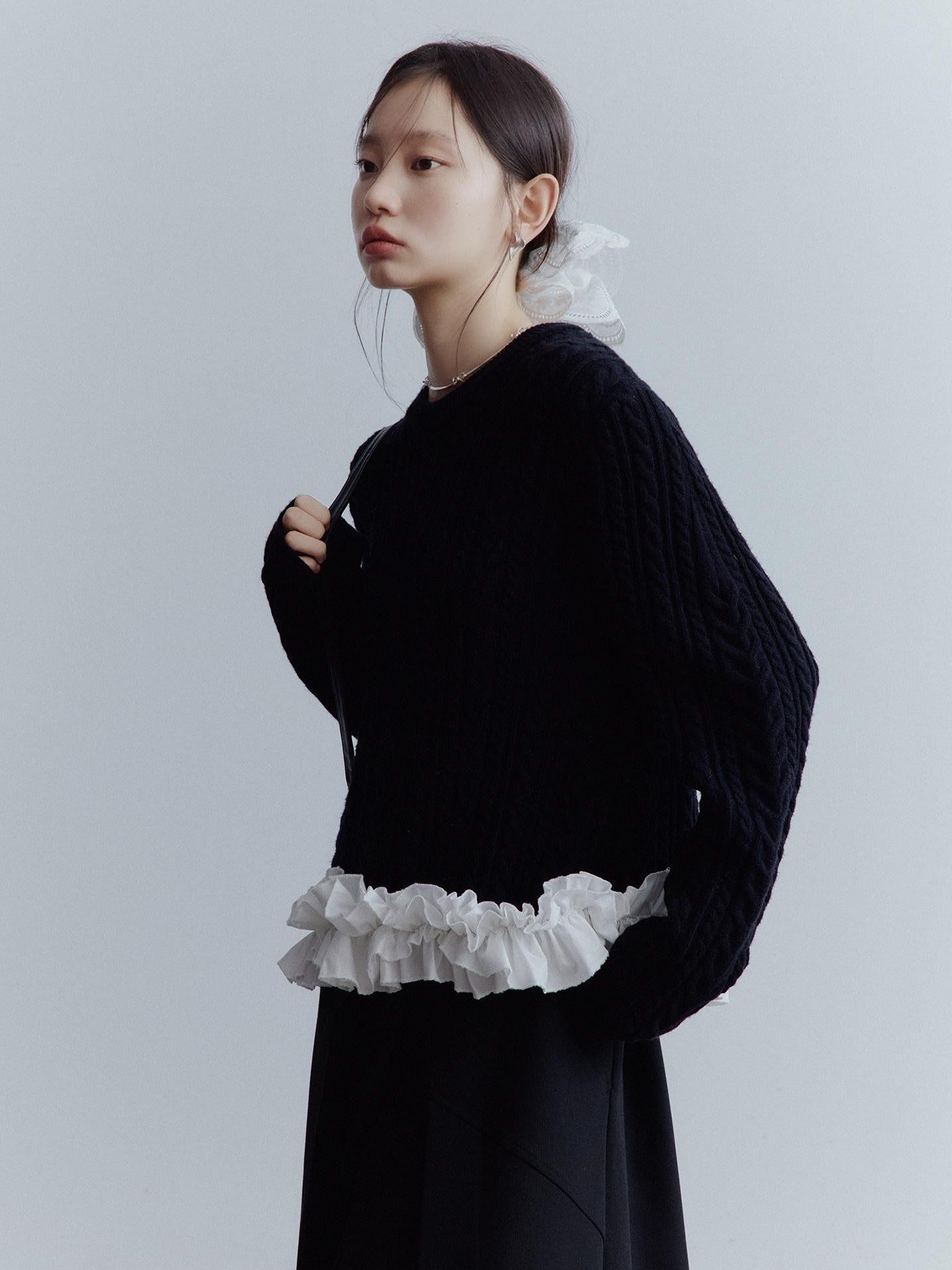 FUSSED Black White 3d Floral Lace Rope Cable Ruffle Women&