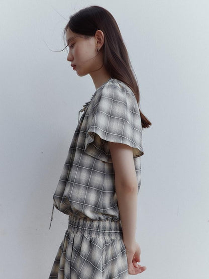 FUSSED Black White Check Heavy Ruching Patchwork Women&