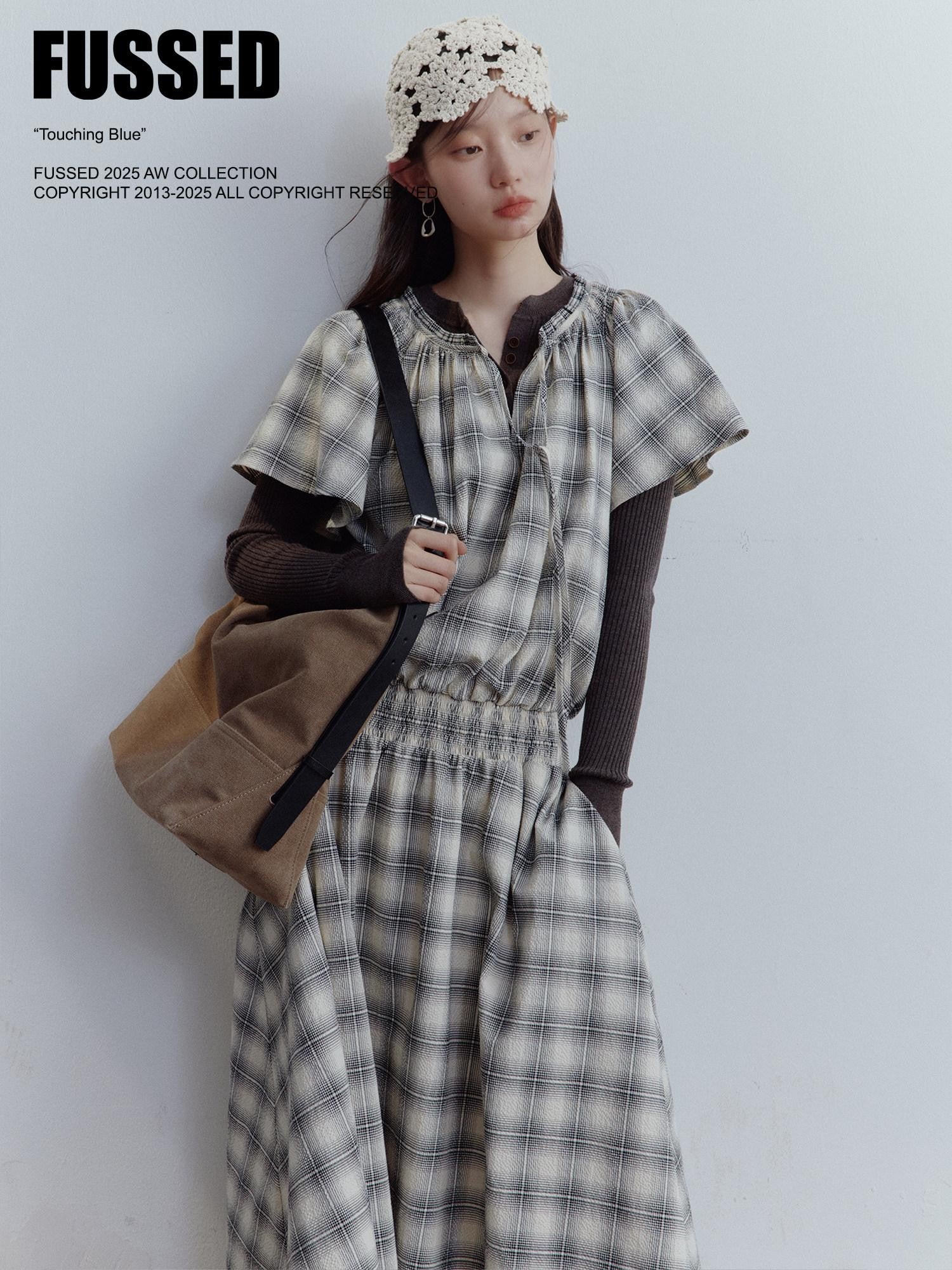 FUSSED Black White Check Heavy Ruching Patchwork Women&