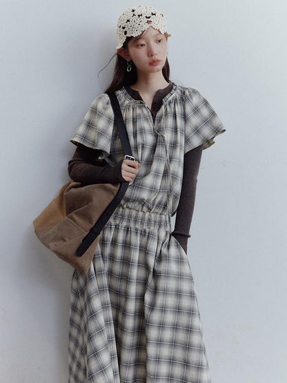 FUSSED Black White Check Heavy Ruching Patchwork Women&