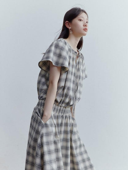 FUSSED Black White Check Heavy Ruching Patchwork Women&