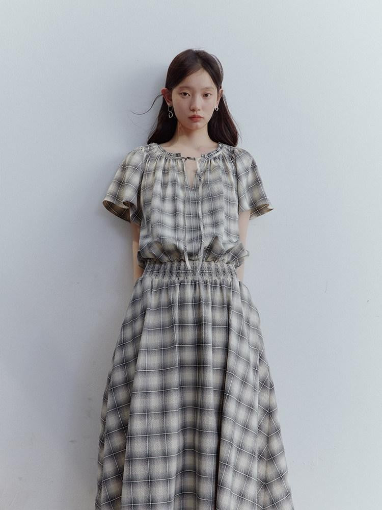 FUSSED Black White Check Heavy Ruching Patchwork Women&