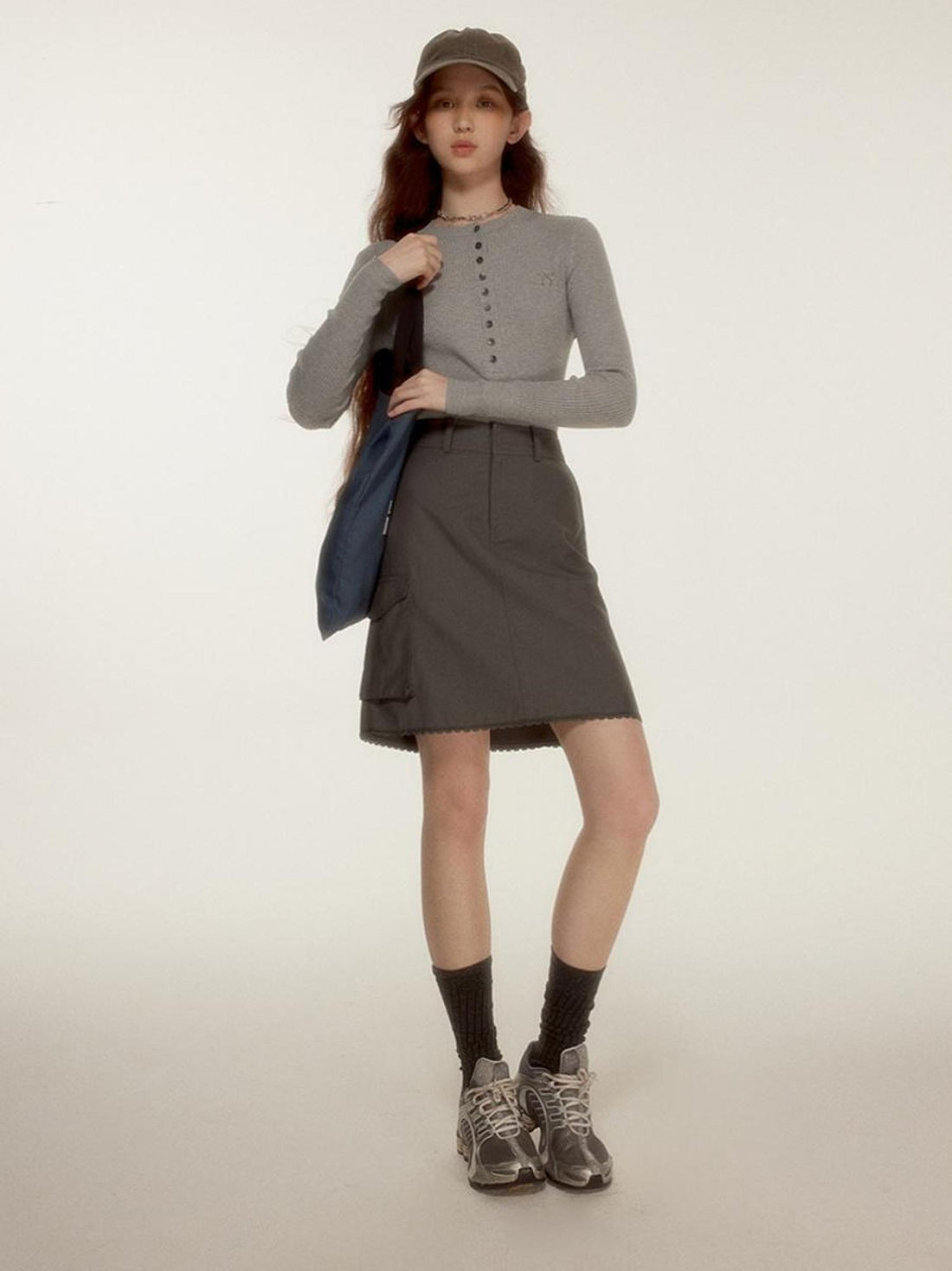 FUSSED Blokette Aesthetic 3D Utility Frost Gray Blue Lace Paneled Skirt