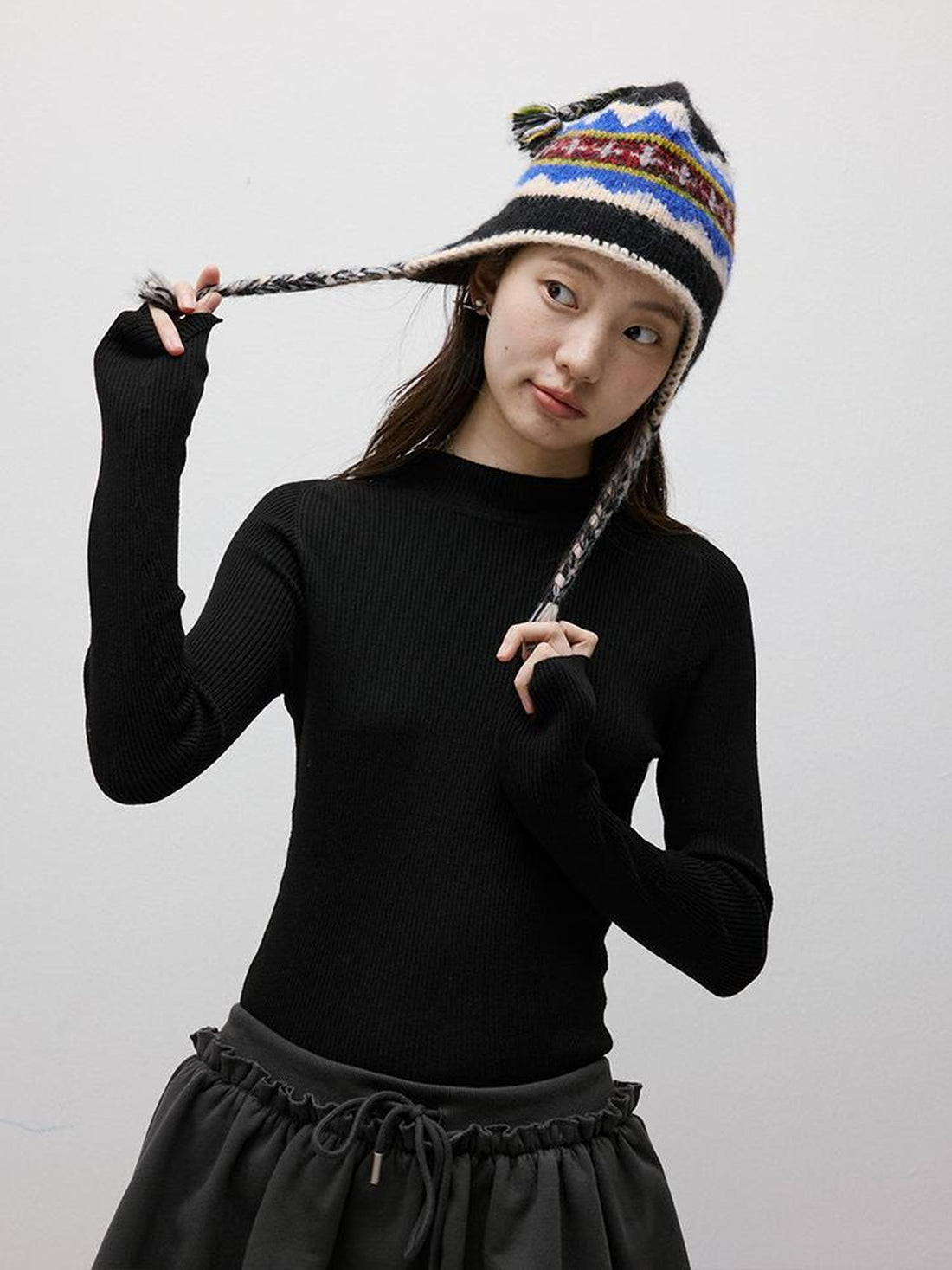 FUSSED Blue Hour 7 Color Intarsia Hand Crochet Rope Trim Wool Earflap Hat