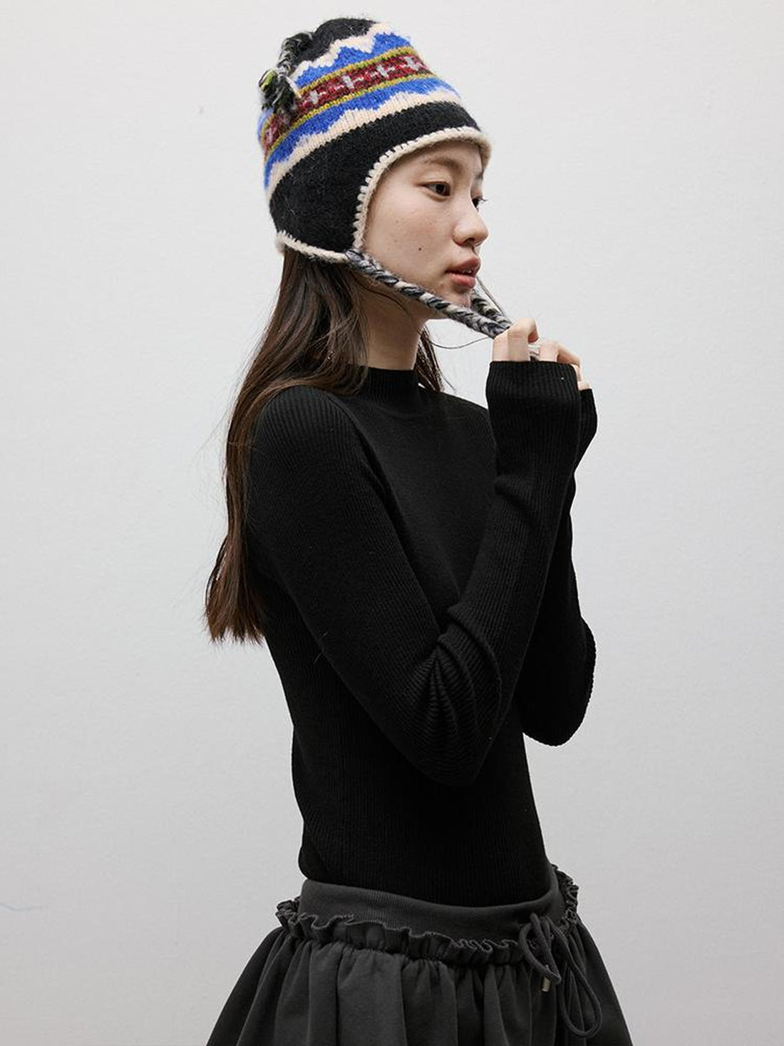 FUSSED Blue Hour 7 Color Intarsia Hand Crochet Rope Trim Wool Earflap Hat