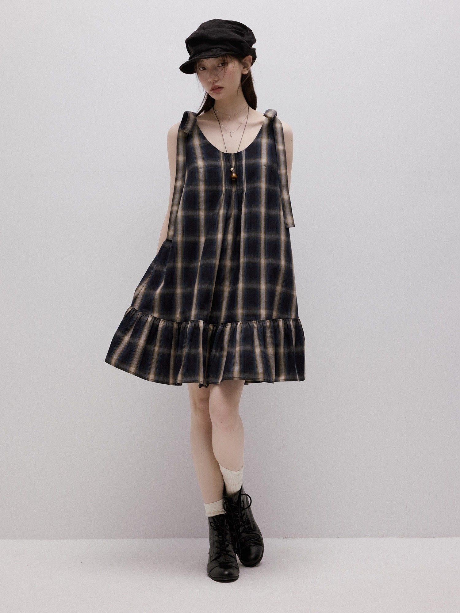 FUSSED_Blue_Plaid_Layered_Splice_Sculptural_Tie_A_Line_Women&