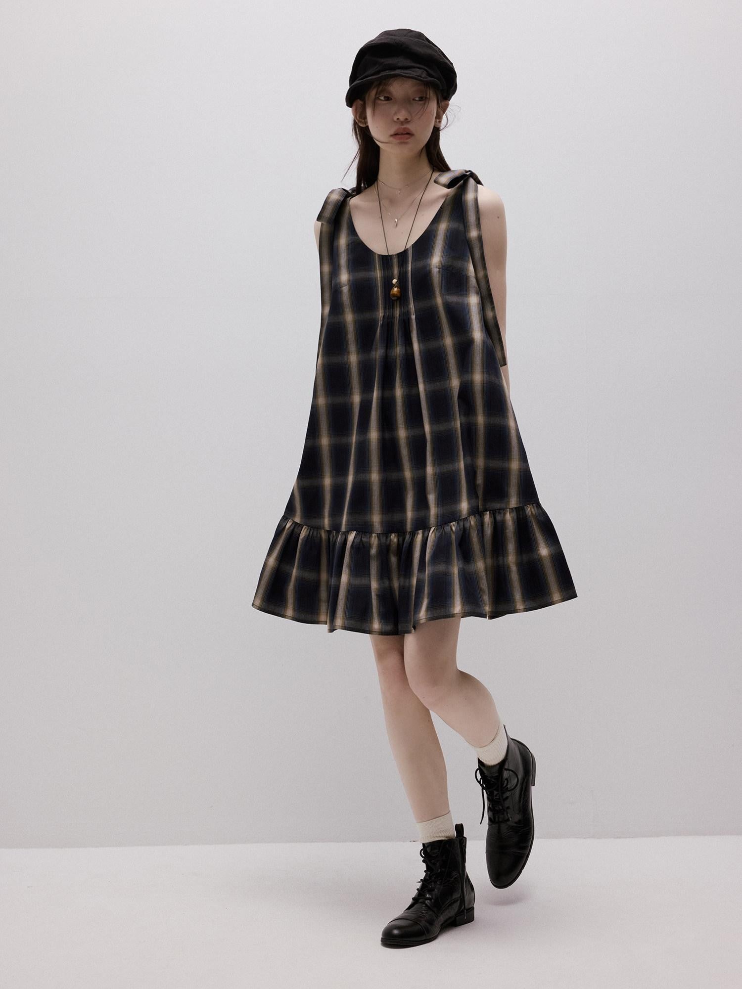 FUSSED Blue Plaid Layered Splice Sculptural Tie A Line Women&