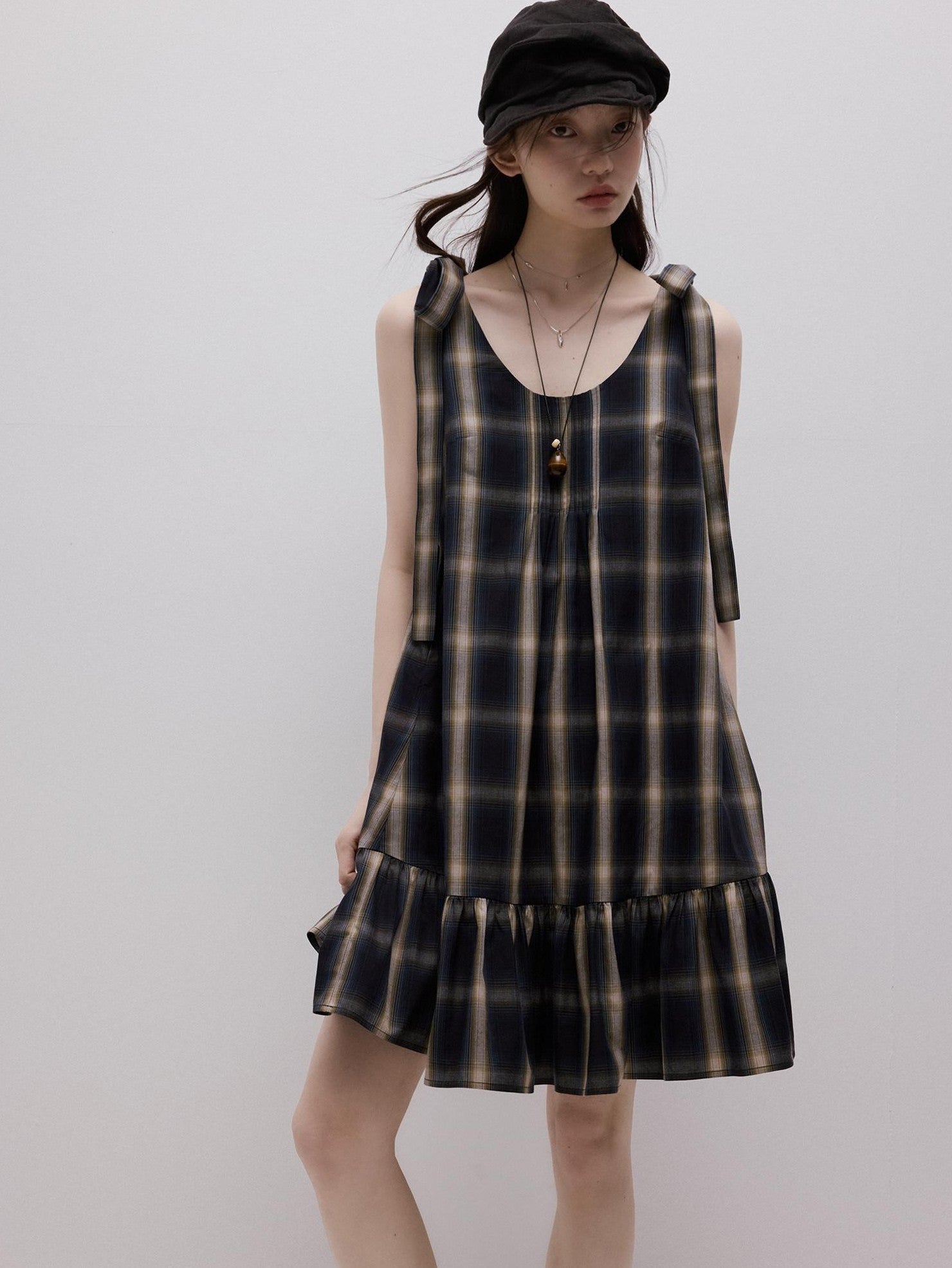 FUSSED Blue Plaid Layered Splice Sculptural Tie A Line Women&