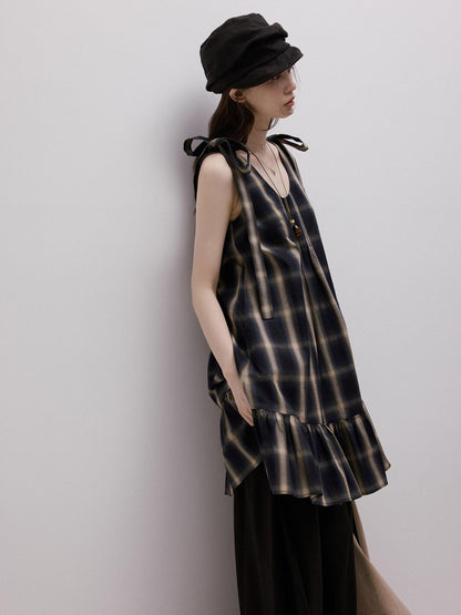 FUSSED Blue Plaid Layered Splice Sculptural Tie A Line Women&