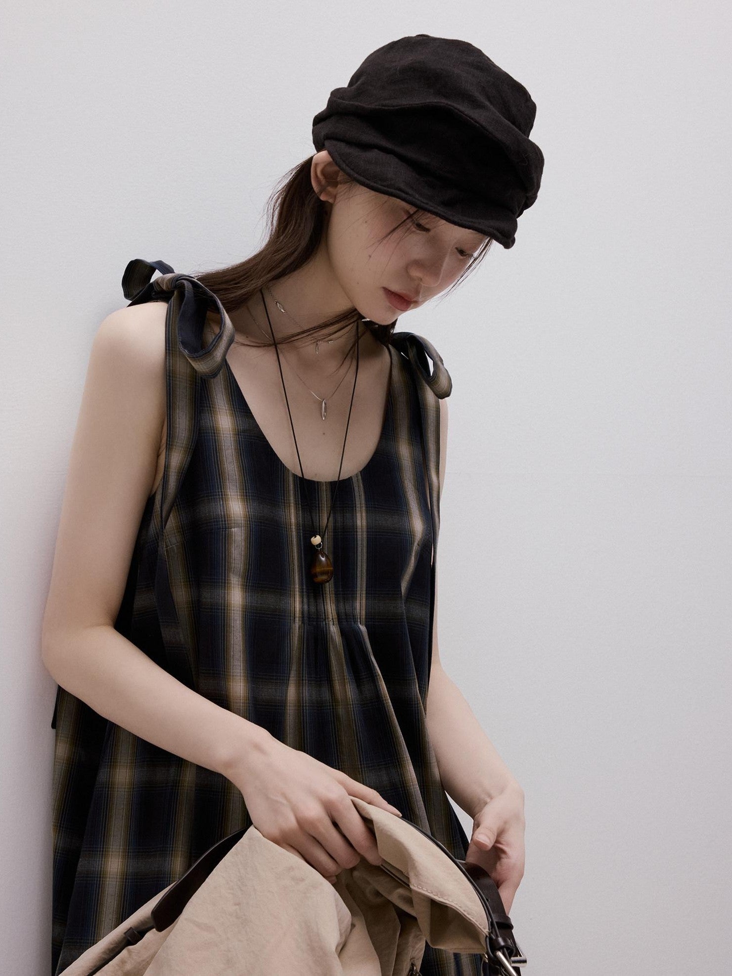 FUSSED Blue Plaid Layered Splice Sculptural Tie A Line Women&