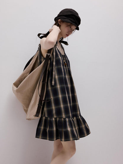 FUSSED Blue Plaid Layered Splice Sculptural Tie A Line Women&