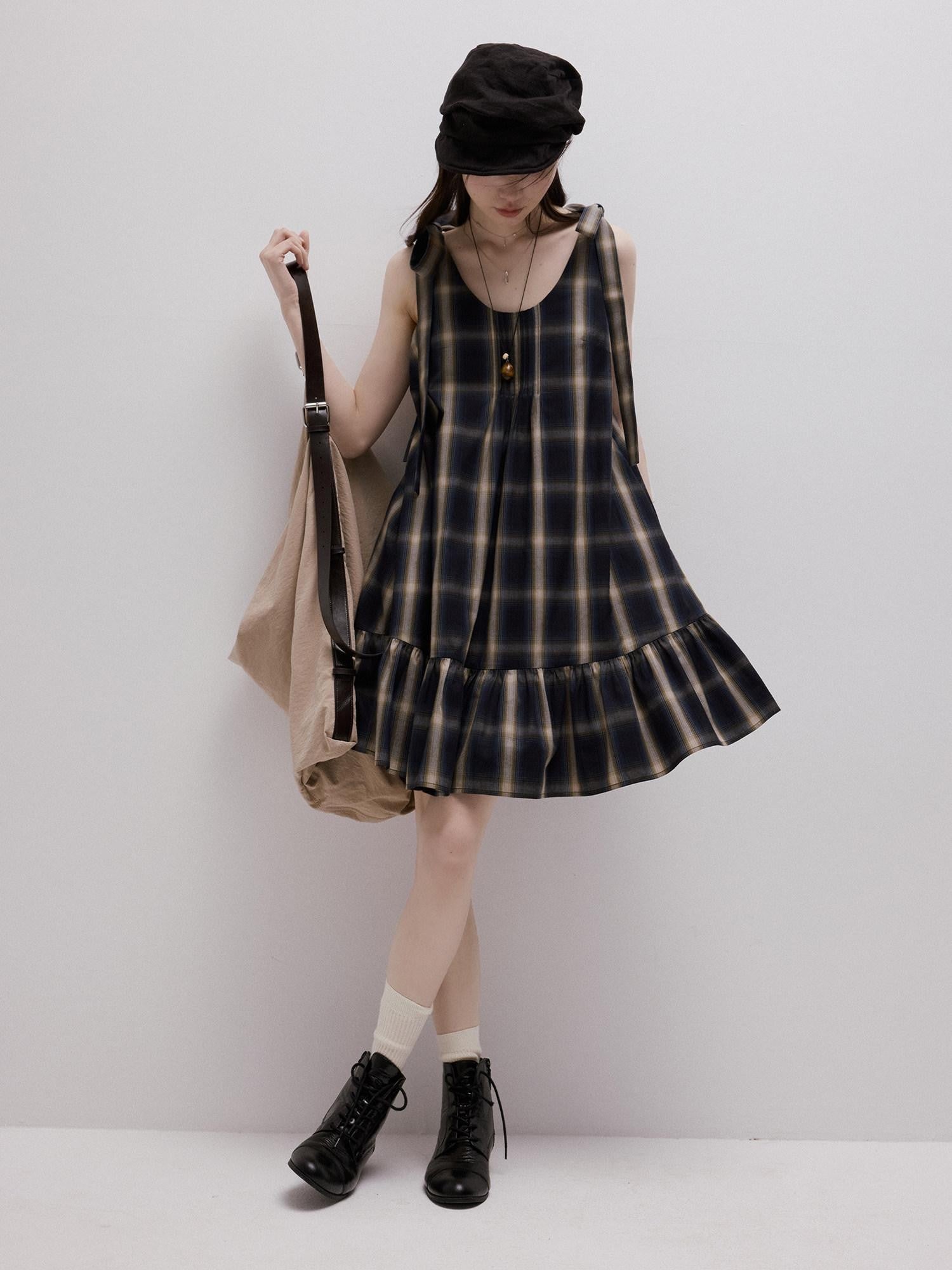 FUSSED Blue Plaid Layered Splice Sculptural Tie A Line Women&