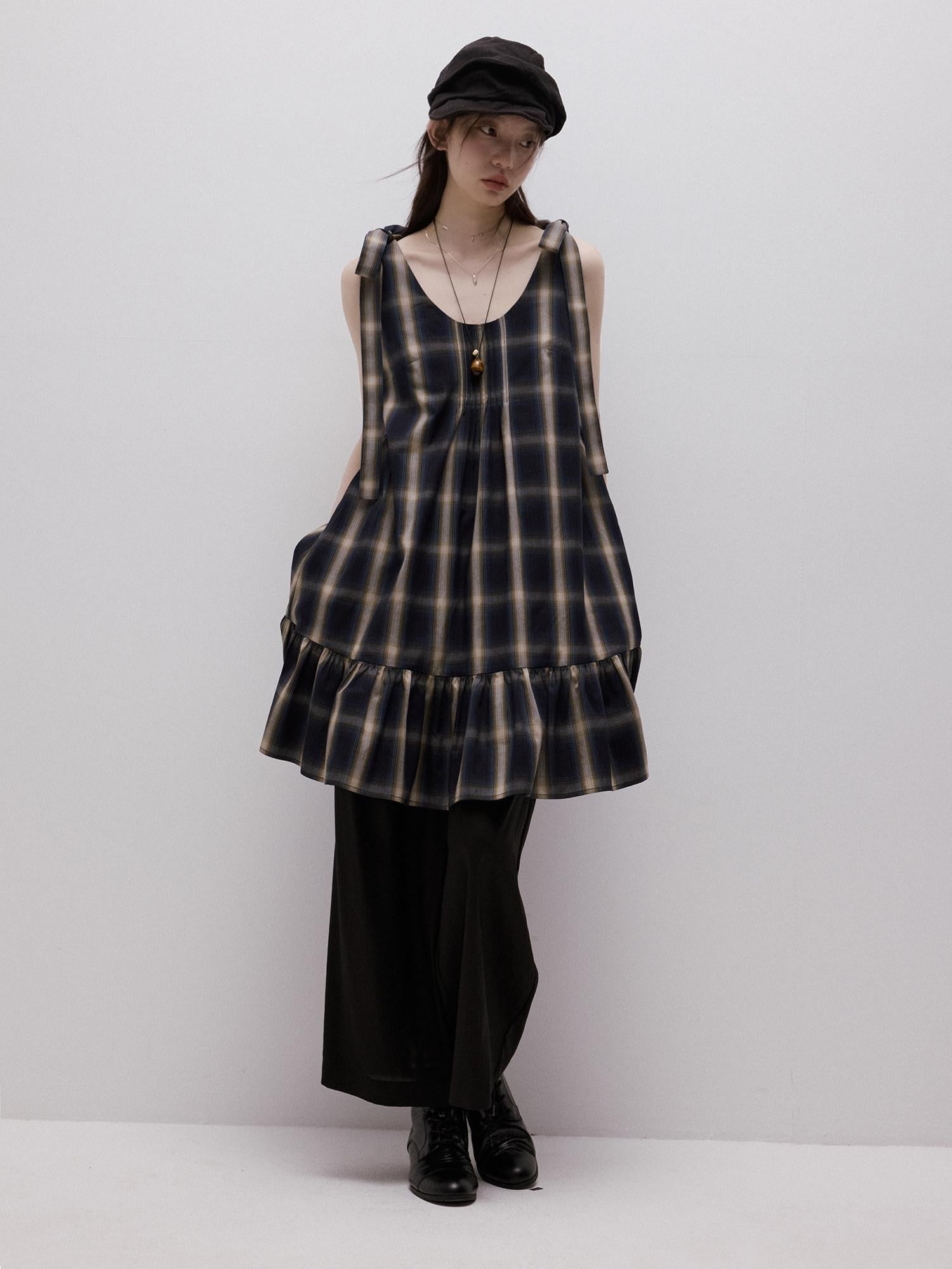 FUSSED Blue Plaid Layered Splice Sculptural Tie A Line Women&