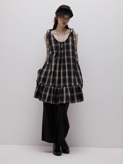 FUSSED Blue Plaid Layered Splice Sculptural Tie A Line Women&