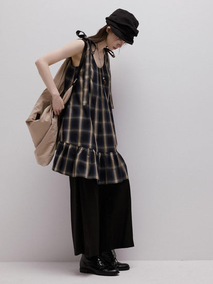 FUSSED Blue Plaid Layered Splice Sculptural Tie A Line Women&