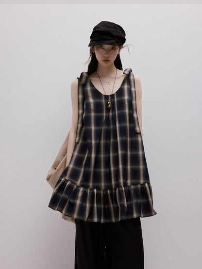 FUSSED Blue Plaid Layered Splice Sculptural Tie A Line Women&